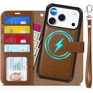 TUCCH Detachable Case Wallet for iPhone 17 Pro (6.3") 2025, Wrist Strap, 4 Card Holders RFID Blocking, Wireless Charging, Stand, 2-in-1 Magnetic, PU Leather, Shockproof Folio Cover, Brown