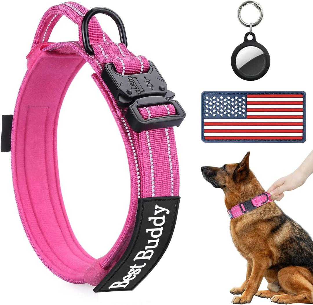 AUBELL Reflective Tactical Dog Collar,Adjustable Military Heavy Duty K9 Collars with Handle and Quick Release Metal Buckle Great for Large Dogs, with Airtag Case and 2 Patches (Pink,Large)