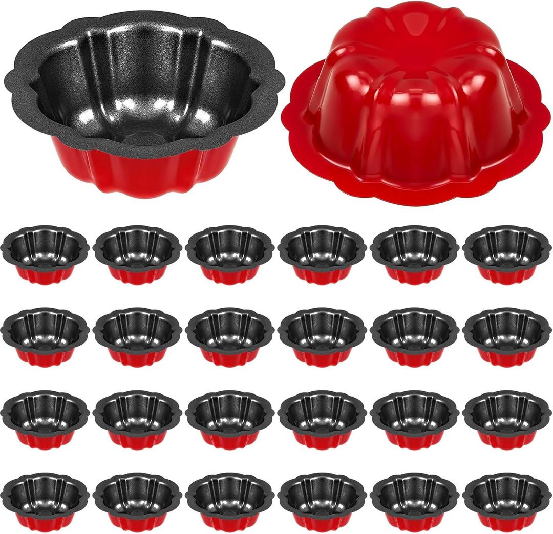 Ctosree 24 Pcs 4 Inches Fluted Mini Cake Pan Nonstick Fluted Cake Pan Carbon Steel Tube Metal Tube Oven Baking Mold with Flower Shape for Cupcake (Red)