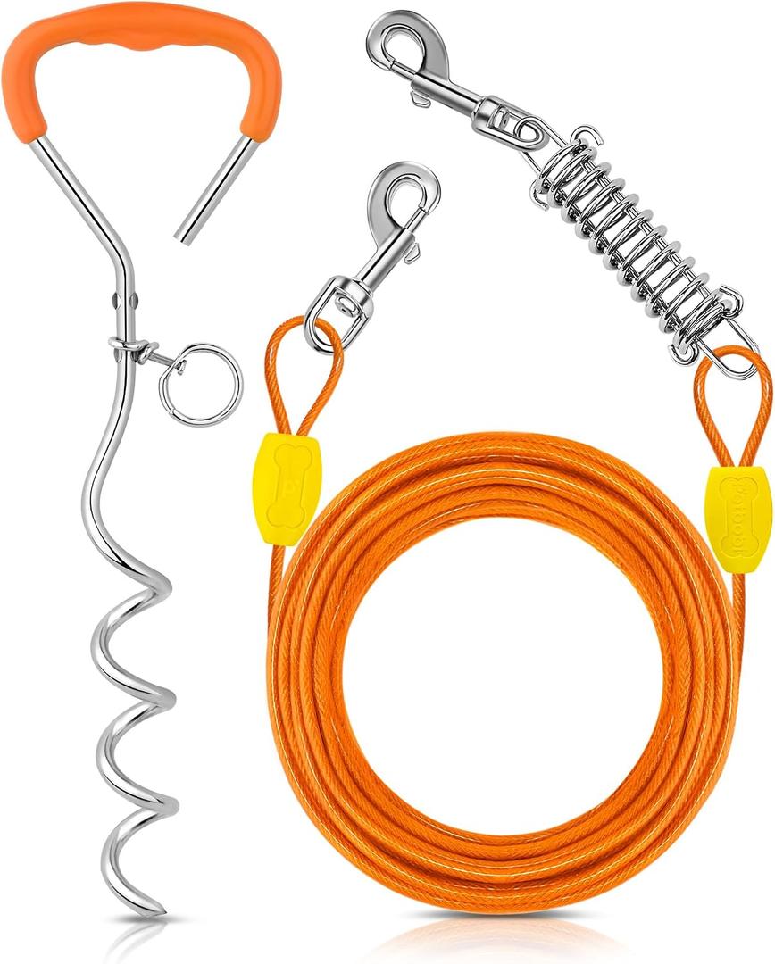 Petbobi Dog Tie-Out Cable and Stake - 30ft Heavy Duty Cable with Spring, No Tangle, 16in Ground Stake, Ideal for Yard, Camping and Beach, Suitable for Small Medium Large Dogs Up to 120 lbs, Orange