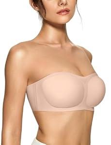 OEAK Womens Strapless Bandeau Bra Non Slip Bras Push Up Wireless Padded Bralette Supportive Seamless Comfortable Tube Bra Skin, Large