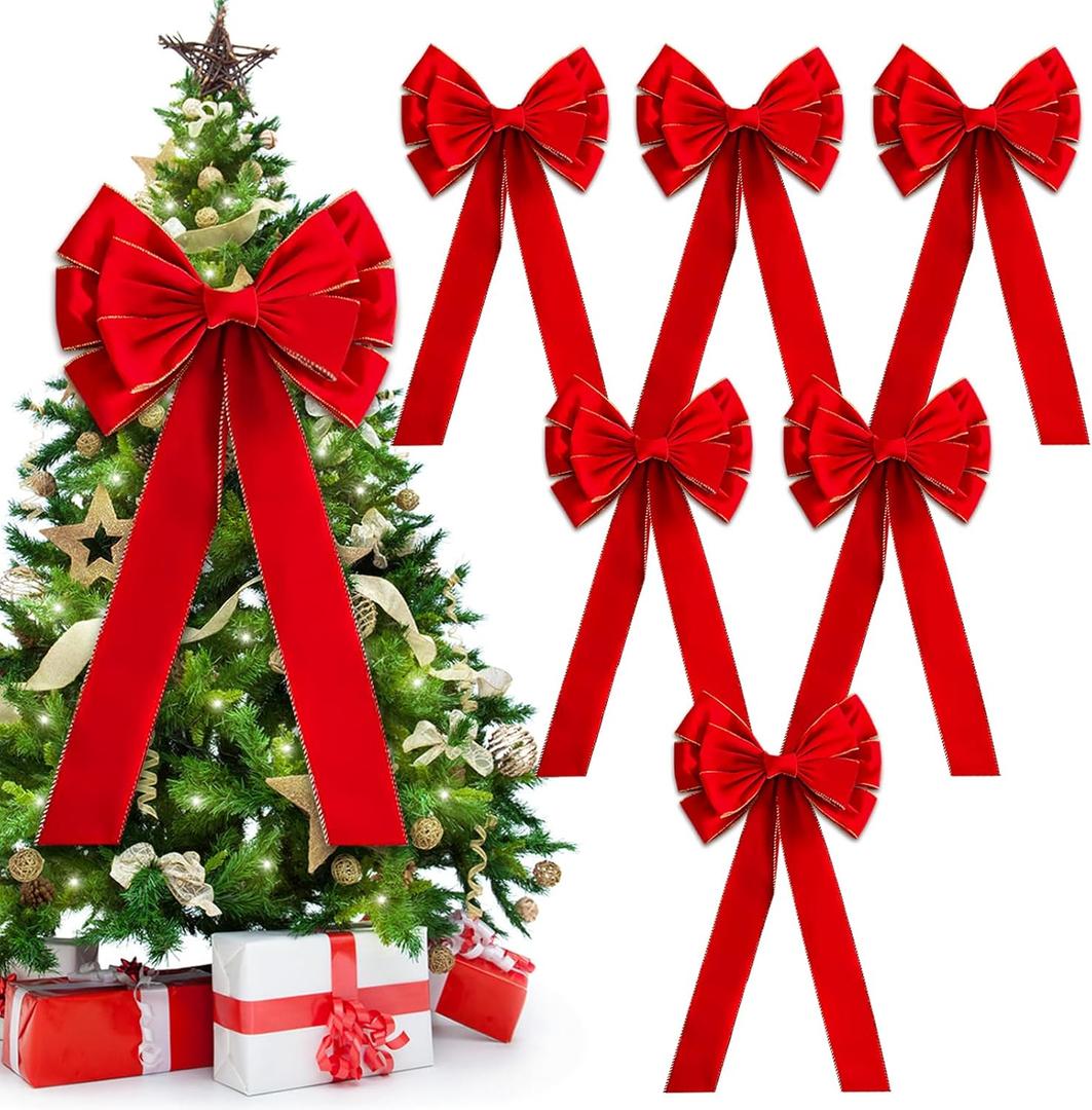 Red Christmas Large Velvet Bows: 36" x 18" Golden Edged Velvet Bow - Christmas Tree Topper Ornament Bow for Christmas Tree Wreath Door and Fireplace Decoration (6, Red)