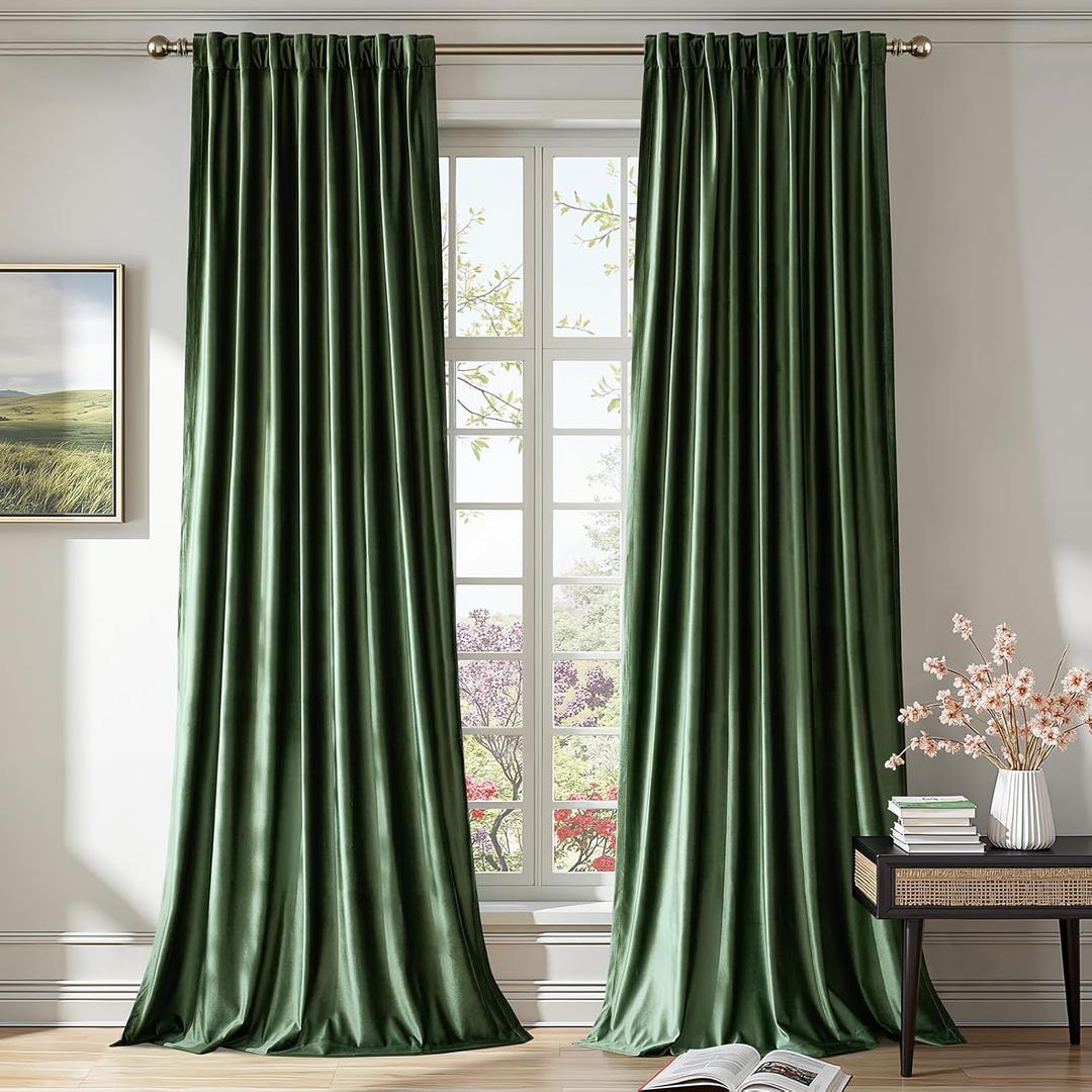 PRIMROSE Emerald Olive Green Velvet Curtains 108 inch Long for Living Room,Set of 2 Panels Blackout Rod Pocket Back Tab Window Treatment Room Darkening Heavy Decorative Curtains Drapes for Bedroom