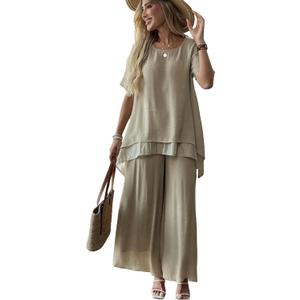 Women's 2 Piece Outfits Flowy Ruffle Tops Palazzo Pants Suits Elegant Casual Dressy Two Piece Linen Sets, Large
