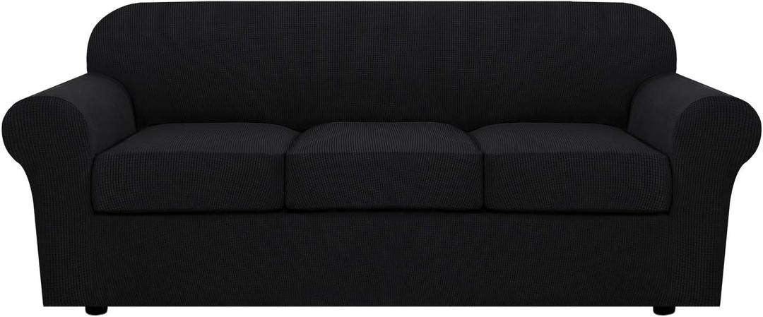H.VERSAILTEX 4 Piece Stretch Sofa Covers for 3 Cushion Couch Covers for Living Room Furniture Slipcovers (Base Cover Plus 3 Seat Cushion Covers) Upgraded Thicker Jacquard Fabric (Large, Black)