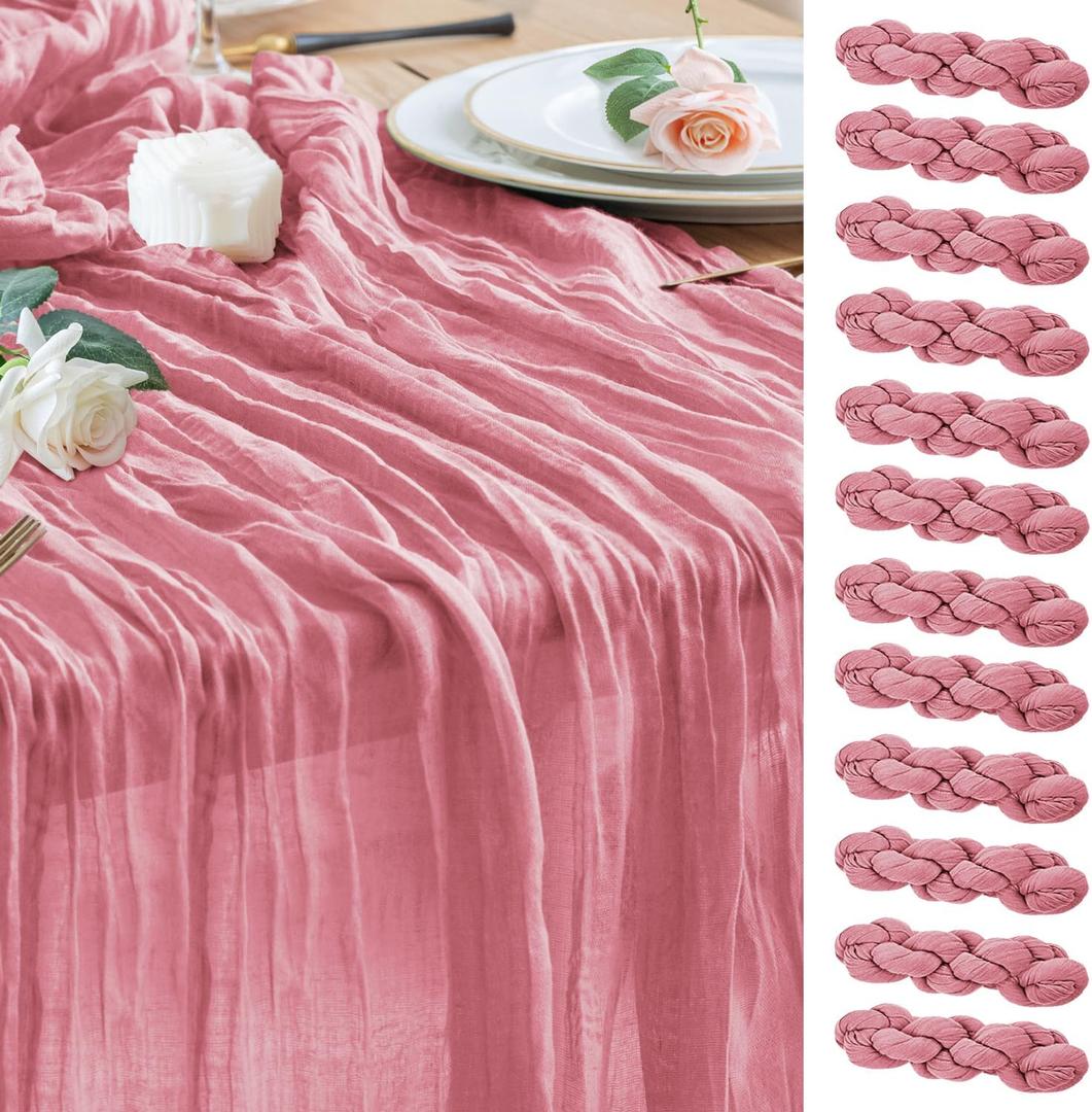 Wokceer Cheesecloth Table Runner 12Pack 10FT Dusty Rose Boho Gauze Cheese Cloth Table Runner for Party Long Rustic Sheer Table Runners for Baby Bridal Shower Wedding Easter Table Decor