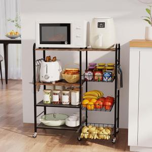 HapiRm Rolling Kitchen Microwave Cart - 4 Tier Microwave Table Stand with Pull-Out Baskets, Coffee Bar Baker's Rack with Wheels Rolling Storage Cart Organizer Shelf for Living Room Office, Balcony (Brown)