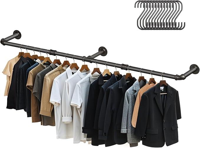 Aduanbang 65.7in Industrial Pipe Wall Mounted Clothes Rack, Heavy Duty Detachable Iron Garment Bar, Rustic Space-Saving Hanging Rod for Bedroom, Closet – Black