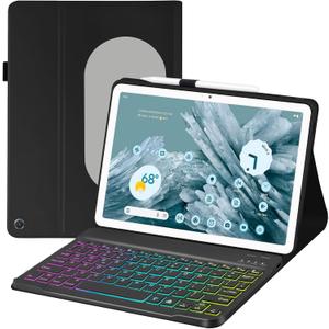 Case with Keyboard for Google Pixel Tablet 11 inch 2023 Release,7 Color Rainbow Backlit Detachable Type-C Charging Keyboard Magnetic Cover with Pencil Holder-Black