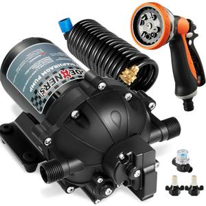 [Upgraded Version] 12V DC Fresh Water Pump, 6.5GPM 70PSI Five Chamber Self-Priming Diaphragm Pump with Heavy Duty Pressure Switch and Strainer for RV, Marine, Caravan (Fresh Water Pump with Spray Gun)