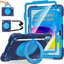 Andnary Case for iPad (A16) 11th /10th Generation 11/10.9 Inch 2025/2022 with Screen Protector/360 Rotate Stand/Shoulder Strap/Pencil Holder, Shockproof iPad 11th/10th Gen Cover (Navy+Blue)