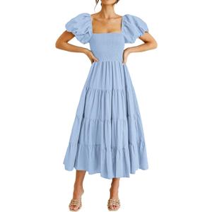 PRETTYGARDEN Women's Casual Summer Midi Dress Puffy Short Sleeve Square Neck Smocked Tiered Ruffle Dresses (Blue, S)