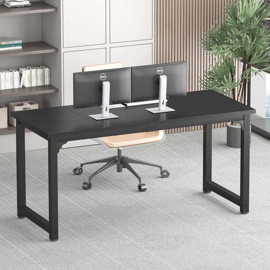 NSdirect 63 inch Computer Desk,Modern Simple Style PC Table Office Desk Wide Workstation for Study Writing,Gaming and Home Office,Extra 1" Thicker Wooden Tabletop and Black Metal Frame,Black