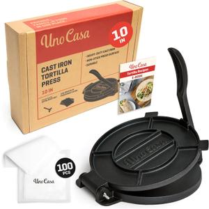 Uno Casa Cast Iron Tortilla Press 10 Inch - Tortilla Maker Press, Pre-Seasoned Roti Maker with 100 Pcs Parchment Paper - Heavy Duty Quesadilla Maker for Homemade Flatbreads, Rotis, Empanadas