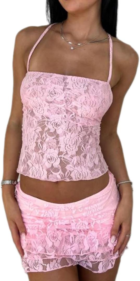 Awoscut Women's Summer Y2k Skirt Outfits 2 Piece Set Halter Neck Crop Top and Bodycon Mini Skirts Sets Party Clubwear (Pink)