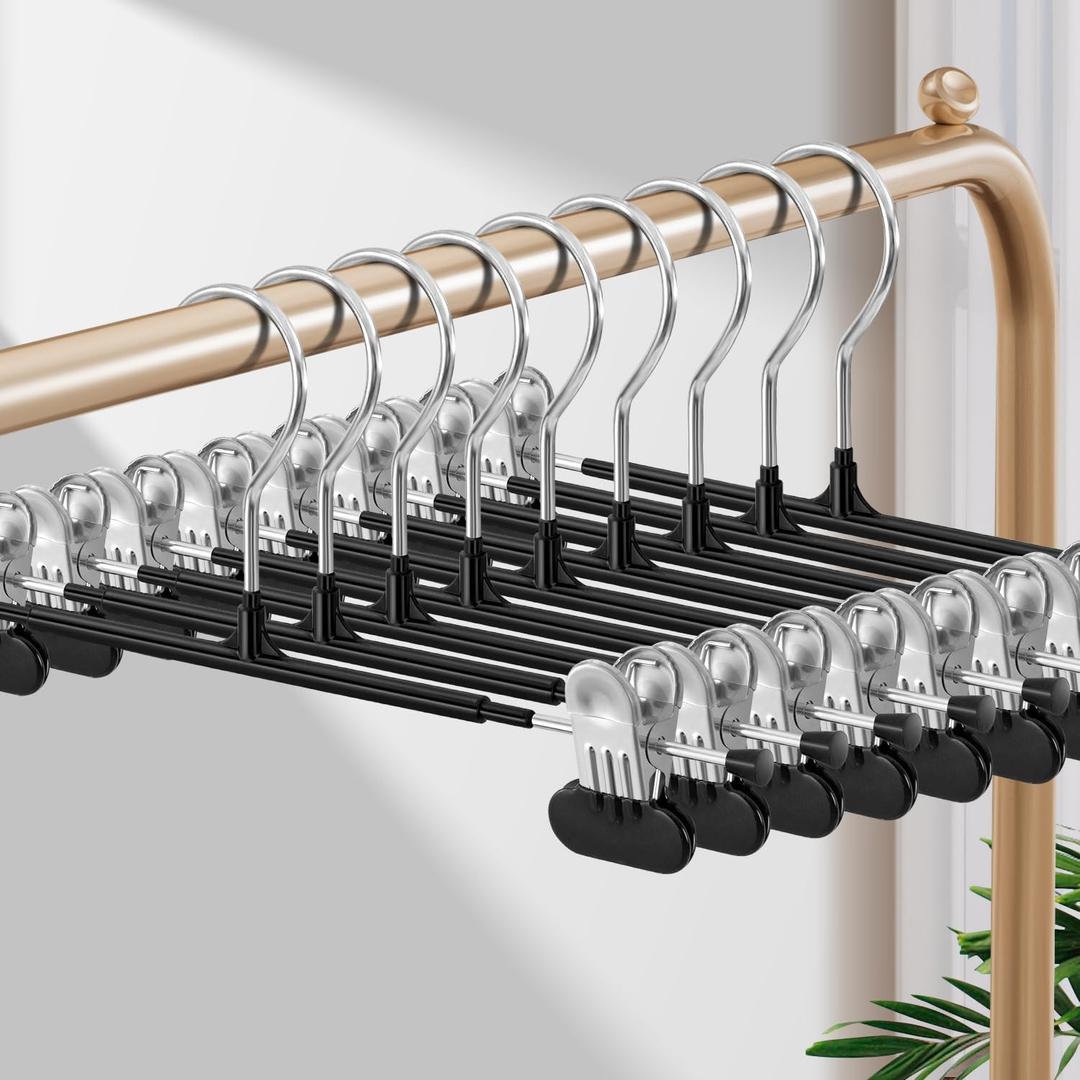 HUADYMEET 10 Pack 14Inch Pants Hangers with Wide Clips,Metal Trouser Hanger for Jeans.Space Saving Skirt Hangers Heavy Duty Non-Slip Adjustable Clothes Shorts Hanger for Women,Men,Black