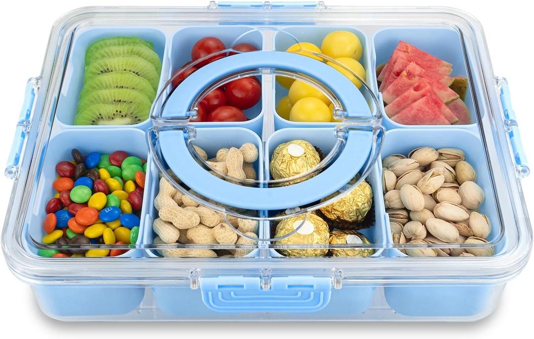 Divided Serving Tray with Lid and Handle,8 Compartments Snacks Box,Snack Fruit Veggie Tray,Portable Platter for Candy Fruits Nuts Snack Party Entertaining Picnic (Blue)