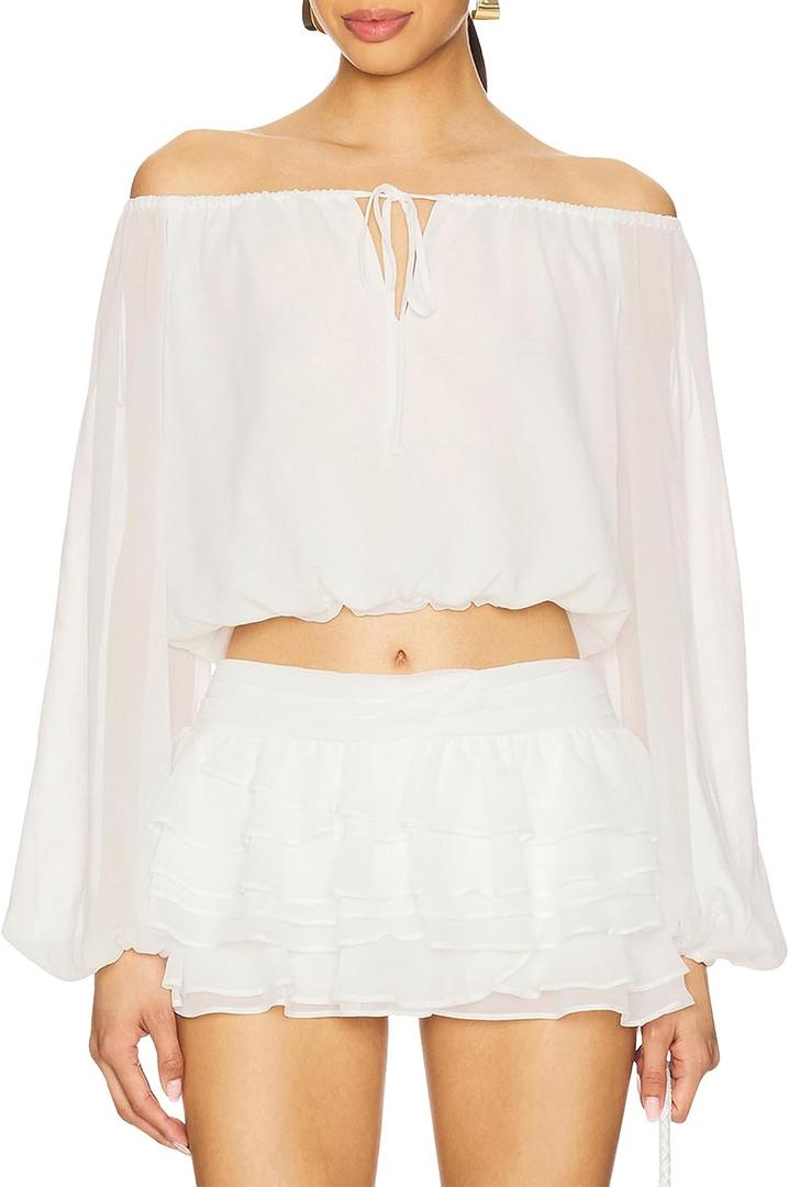 SUNNOW Women's Chiffon Off-Shoulder Elegant Flowy Blouse Tops Long Sleeve Blouse for Casual Party (White, M)