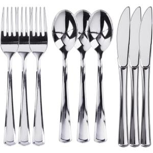 300 Plastic Silverware Set, Silver Plastic Cutlery Set, Disposable Silverware Set | 100 Plastic Forks, 100 Plastic Spoons, 100 Plastic Knives | Heavy Duty Bulk Disposable Flatware Plastic Utensils Set
