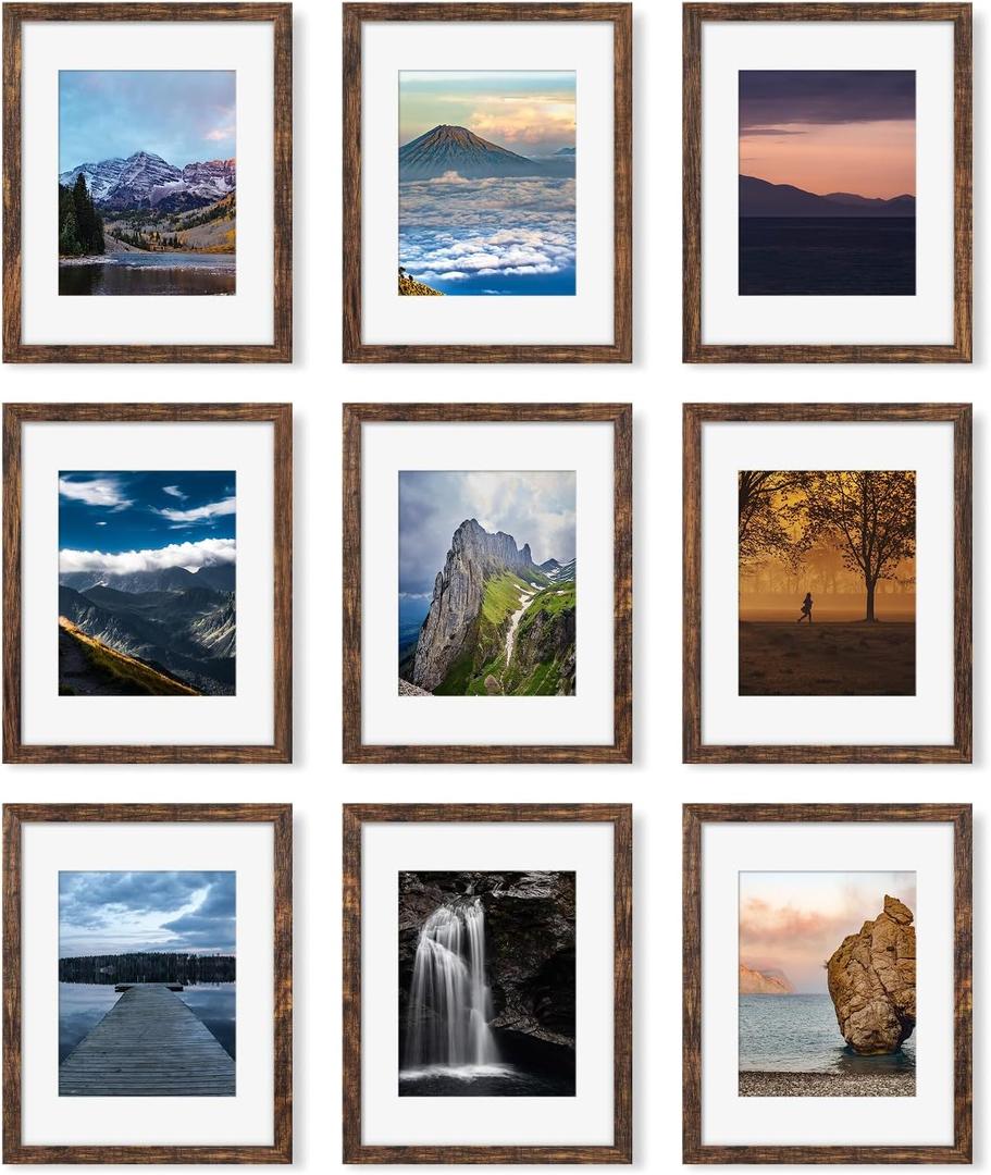 YESKAY 11x14 Picture Frame Set of 9, Photo Gallery Wall Frame Set, Display Pictures 8x10 with Mat or 11 x 14 Without Mat, Multi Photo Frames for Wall Mounting or Table Top Display, Rustic Brown