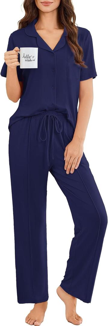 Ekouaer Pajamas for Women Set Button Up Sleepswear 2 Piece Short Sleeve PJ Top and Long Pants Loungwear With Pocket S-XXL (Medium, Navy)