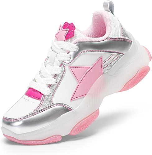 DREAM PAIRS Girls Sneakers Lace up Lightweight Sparkle StarGlow Breathable Jelly Sole Kids Walking Shoes Casual Sports ( Pink/Silver, Size US 13 )