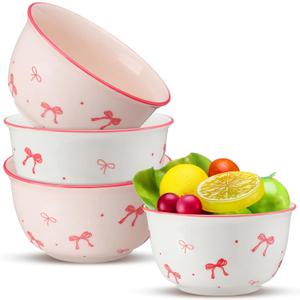 Maxdot 4 Pcs Pink Bow Ceramic Bowls Set 10oz Cute Bowls Aesthetic Under Glaze Dinnerware for Kitchen Kitchen, Dining, & Serving, Decorative Porcelain Dishes for Couples, Families, Daily Use & Gifting