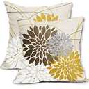 Brown Yellow Pillow Covers 18x18 Dahlia Flower White Gray Elegant Colored Throw Pillows Farmhouse Outdoor Decor for Home Living Room Sofa Bed Modern Floral Linen Square Cushion Case, Set of 2