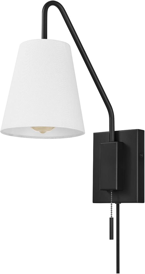 Globe Electric 65000043 1-Light Plug-in or Hardwire Wall Sconce, Matte Black, White Fabric Shade, Swing Arm, 6ft Black Braided Fabric Cord, On/Off Pull Chain, Wall Lights for Living Room, Home Dcor