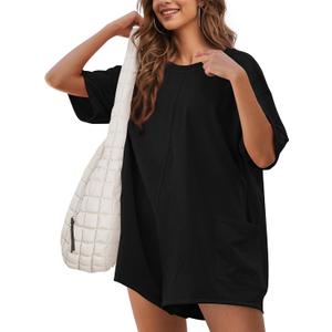 Rompers for Women Casual Romper Shorts Oversized One Piece Outfit | Athletic Tshirt, Short Sleeve, Wide Leg, Side pockets (Black, M)