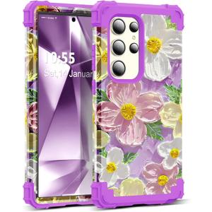 for Galaxy S24 Ultra Case,3 in 1 Oil Painting Flower Pattern Heavy Duty Shockproof Protection Soft Silicone Rubber Bumper+Hard Plastic Protective Cover for S24 Ultra 6.8",Purple/Pink