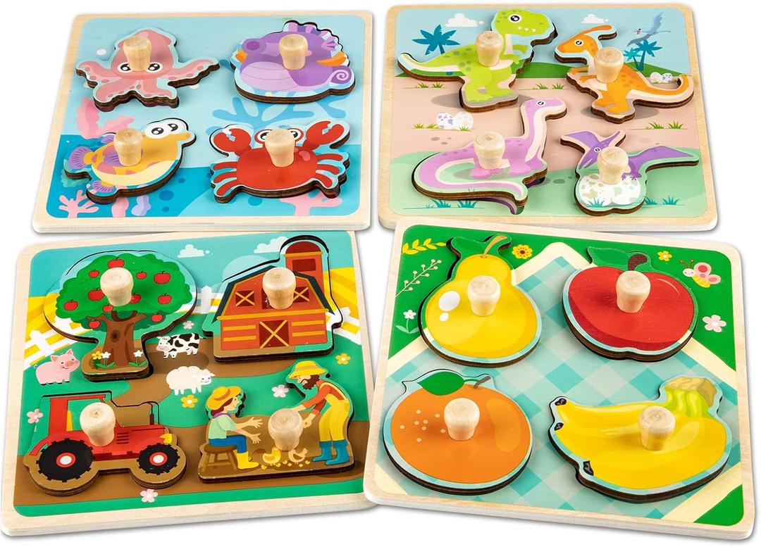 Wooden Toddler Puzzles - 4 Pcs Eco-Friendly Animal Patterns Jigsaw With Handles - Infant Kid Fine Motor Skill Learning Educational Montessori Toys for 1-3 Years Old
