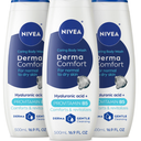 NIVEA Derma Comfort Caring Body Wash for Sensitive Skin, Body Wash with Hyaluronic Acid and Vitamin E, 16.9 Fl Oz Bottle, Pack of 3