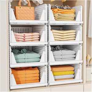 SNSLXH 5 Pack Stackable Closet Storage Basket, Multifunctional & Foldable Closet Organizer for Bathroom Kitchen Laundry Room Wardrobe Storage, Space-Saving Clothes Storage Drawer Organizer, White