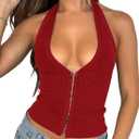 Fallorchid Womens Sleeveless Tank Tops Sexy Y2k Halter V Neck Ribbed Kint Crop Top (Red, XL)