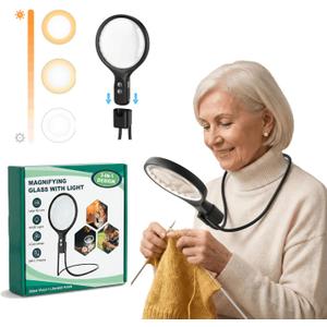 Magnifying Glass for Reading with 48 LED Lights 3 Color Modes, Neck Magnifier Hands Free, 5X/10X Magnifiers for Seniors for Close Work Repairing Reading Sewing (Black)
