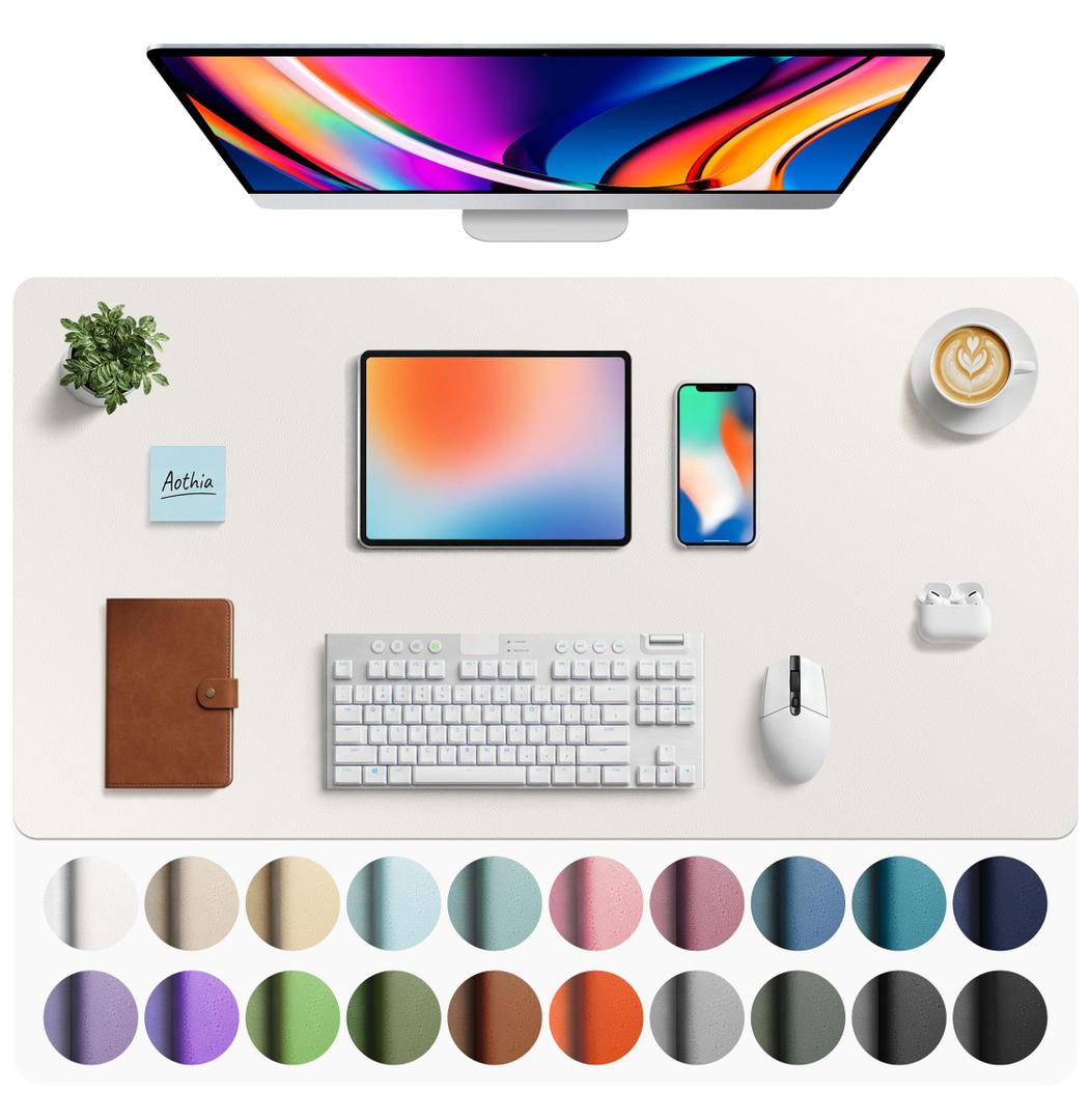Aothia Faux Leather Desk Mat - Large Mouse Pad, Non-Slip PU Leather Blotter, Waterproof Writing Surface for Office and Home (Off-White, 40" x 24")