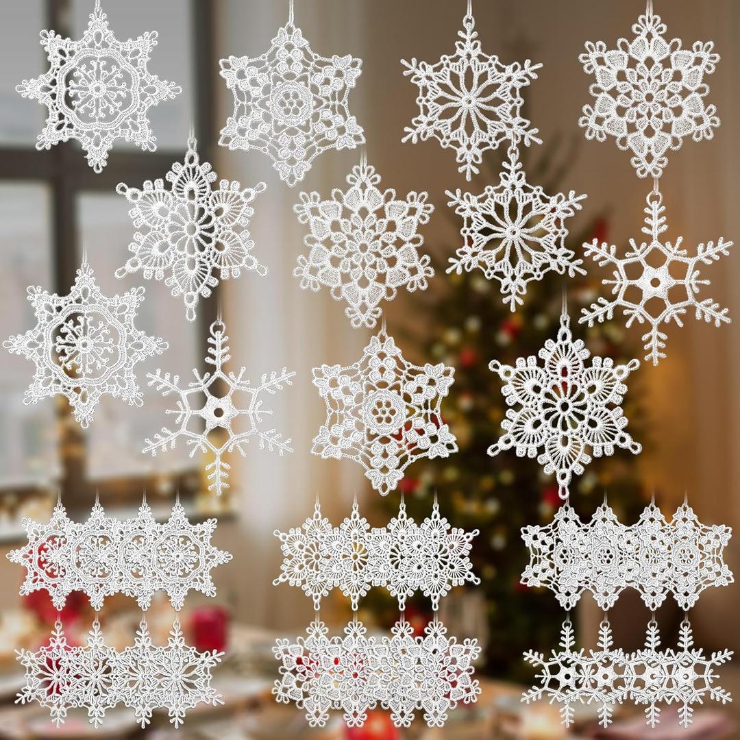 Buryeah 36 Pcs Christmas Snowflake Winter Ornaments Crochet Snowflake Decorations Hanging Ornaments for Christmas Tree Xmas Home Wall Holiday Party Gift, 6 Styles (White)
