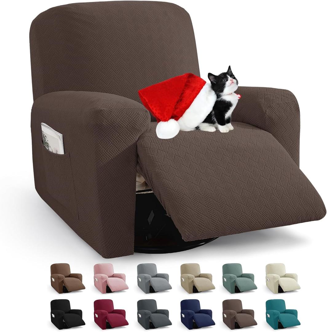 JIVINER 3 Piece Recliner Chair Cover Stretch Lazy Boy Non Slip Covers for Recliner with Pockets Soft Jacquard Reclining Sofa Slipcovers Furniture Protector with Elastic Bottom (1 Seater, Coffee)