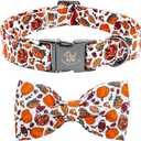 Elegant little tail Tanksgiving Dog Collar, Turkey Print Dog Collar Orange Pet Collars with Bowtie Metal Buckle Cotton Girls Boys Adjustable Pet Collars for Large Dogs (Large (Pack of 1))