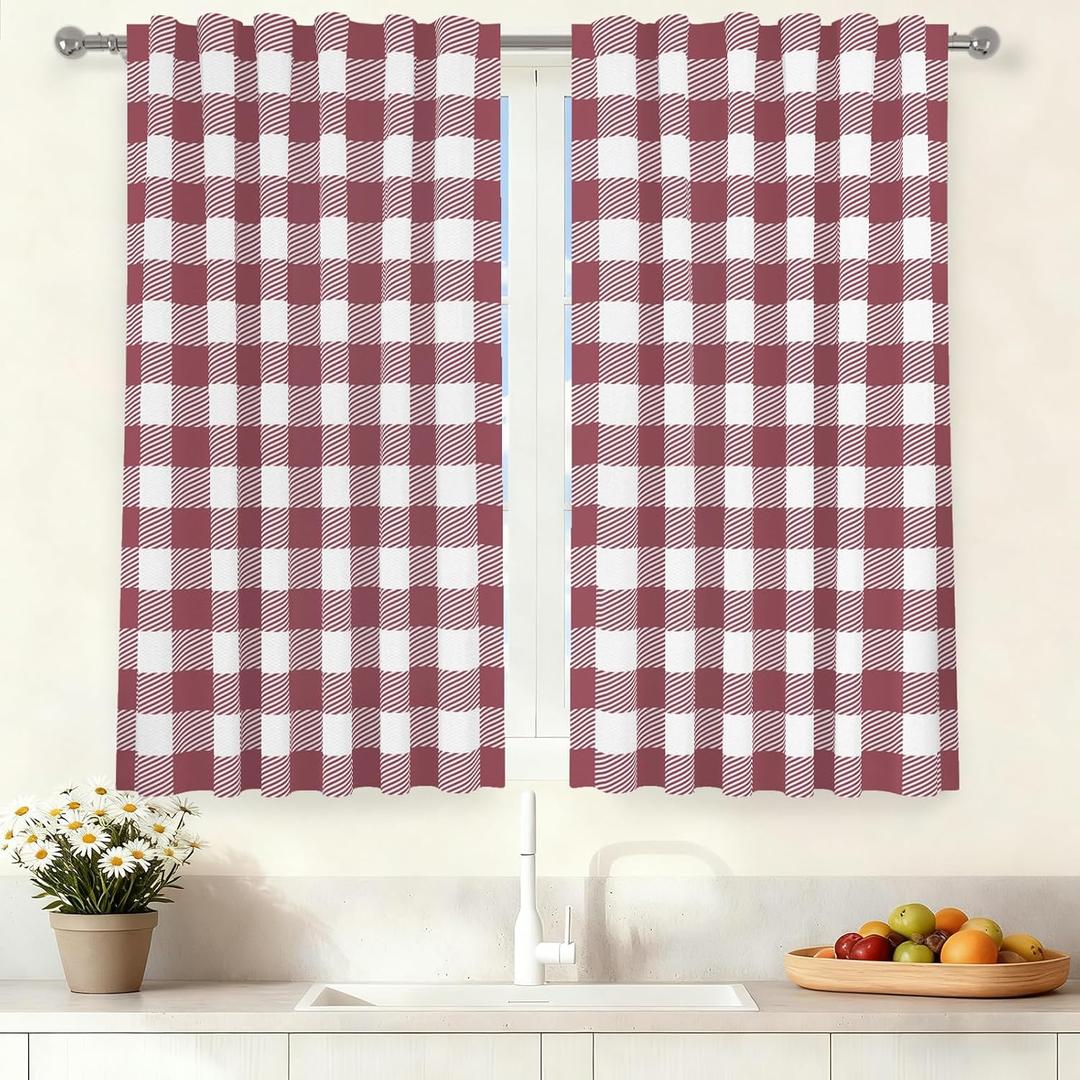 Renaiss 26 x 36 Inch Buffalo Check Tier Curtains for Kitchen Thick Linen Buffalo Plaid Gingham Rod Pocket Cafe Bathroom Window Curtains Dining Room Short Window Treatment Burgundy Red White 2 Panels