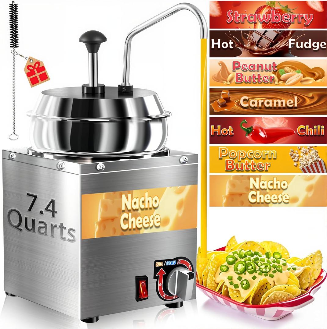 Nacho Cheese Dispenser, 7.4Qt Nacho Cheese Warmer with Stainless Steel Pump, Hot Fudge Warmer W/6-Level Temperature Adjustment, Commercial Sauce Dispenser Machine for Butter Cheese Caramel