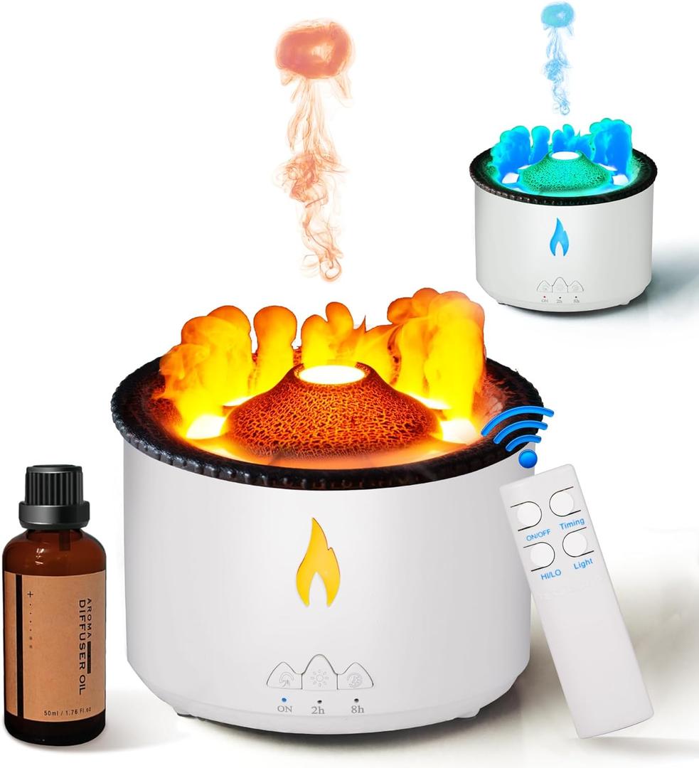 BOHOFAM Essential Oil Diffuser 360ML,Volcano Diffuser/Humidifier, Flame and Volcano 2 Mist Mosdes, Included 50ML Hotel Collection Essential Oil for Home, Bedroom, Large Room (White)