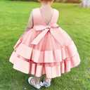 3M-6T Toddler Girl Bowknot Backless Tutu Gown Ruffle Lace Tulle Dress Baby Party Dresses with Headwear (Pink, Small)