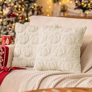 SINYASAN Cream White Fall Pumpkin Decorative Throw Pillow Covers Set of 2, 18x18 Inch Soft Plush 3D Embroidered Halloween Pillow Covers for Fall Decorations Farmhouse Cushion Covers for Thanksgiving