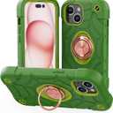 KCJ Compatible with iPhone 15 Case with[2Screen Protectors+1xLens Protector][Ring Stand] Soft Silicone+Hard PC Full Body Protection Phone Shell Durable Rugged Case for iPhone 15 6.1" Avocado