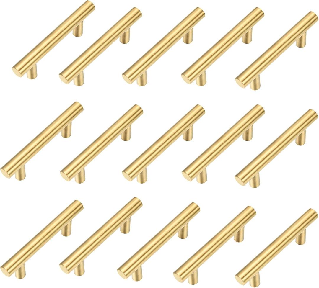 15 Pack Cabinet Pulls Brushed Gold Stainless Steel T Bar Pull Handles for Kitchen Cabinet Cupboard Drawer Door Handle Pull Knobs (Overall Length 4", Hole Center 2-1/2")