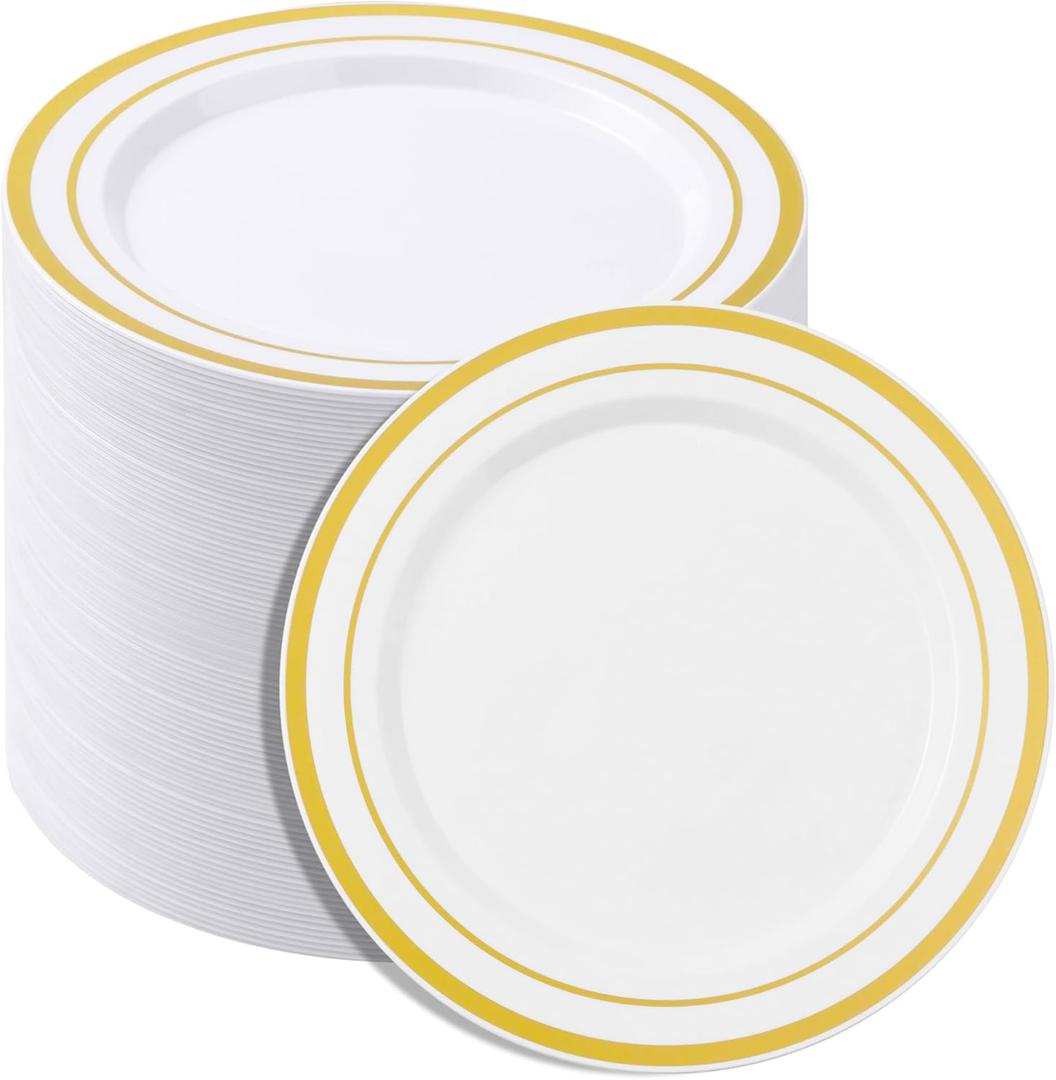 BESTSTAR 7 Inch White with Gold Rim Plastic Plates,100PCS Disposable Dessert/Appetizer/Small Cake Plates, Heavy Duty Plate Ideal for Christmas, Wedding and Birthday