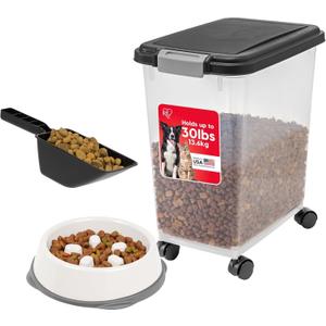 IRIS USA Dog Food Container & Slow Feeder Bowl, Up to 30 lbs, Black, 30 lbs - 1 Pack