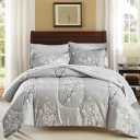 AIKASY Bed in a Bag 7 Pieces Queen Size - Floral Print - Soft Microfiber, Reversible Bed Comforter Set (1 Comforter, 2 Pillow Shams, 1 Flat Sheet, 1 Fitted Sheet, 2 Pillowcases)Grey, Queen